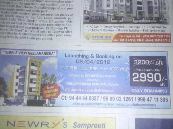Realtors advertise buildings just for Brahmins .
