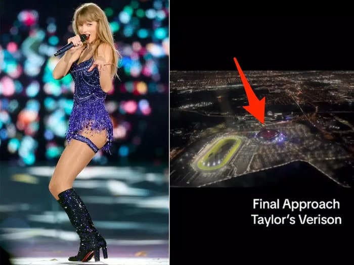 A flight attendant shows the view of Taylor Swift's Eras Tour from the sky