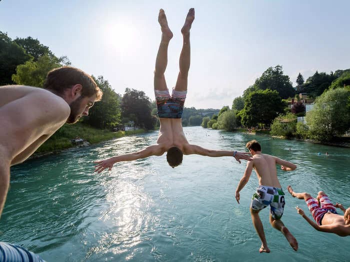 These workers in Switzerland commute to work by floating down a river