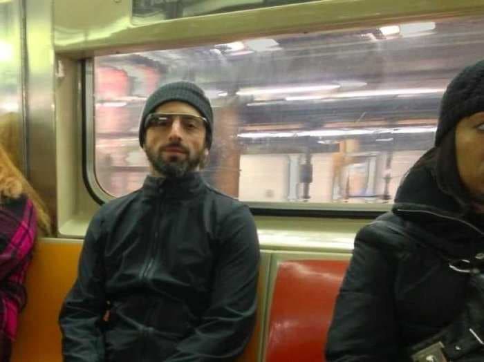 An Awesome Photo Of Google Founder Sergey Brin Riding The New York Subway Wearing Google Glasses And A Beanie Hat