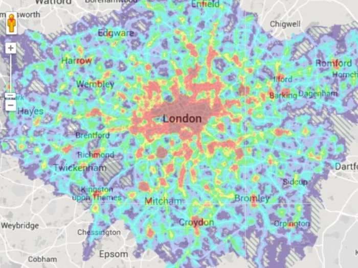 Use this excellent mapping tool to figure out how long it takes to travel to every single place in London