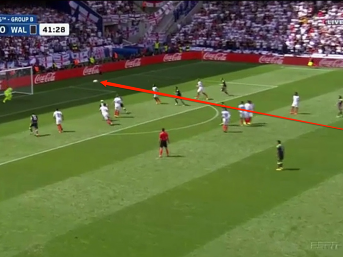 Wales scores its first goal on England in 32 years on a 35-yard free kick from Gareth Bale