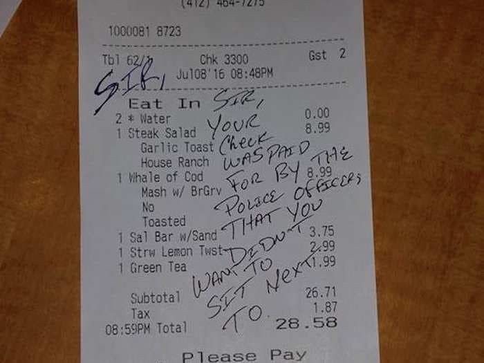 A Pennsylvania cop paid for a couple's meal after they refused to sit near his table