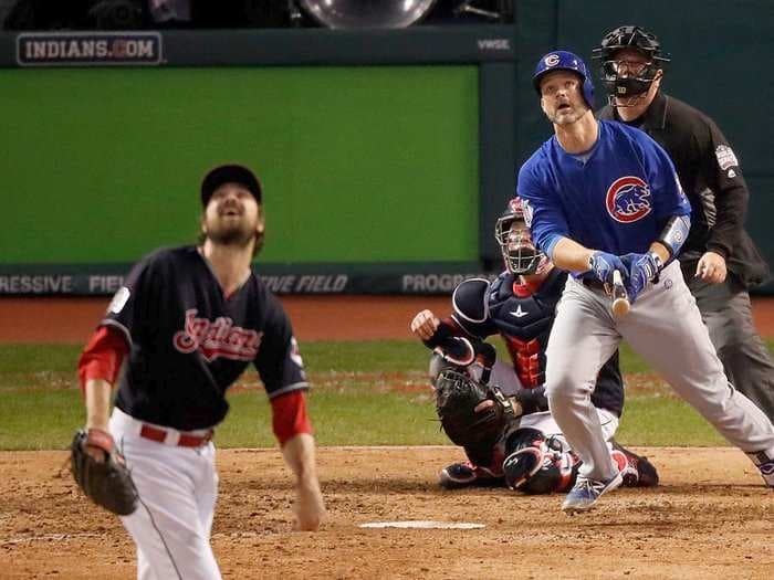 39-year-old Cubs catcher hit a humongous home run in Game 7 - his final game - one inning after his costly error