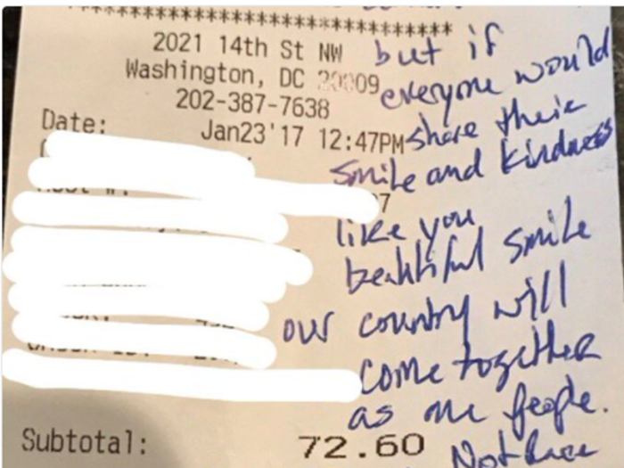 A Trump supporter left his waitress a $450 tip and a heartwarming message about unity