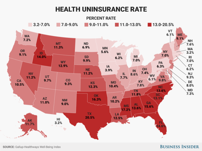 Here's how many people in every state don't have health insurance