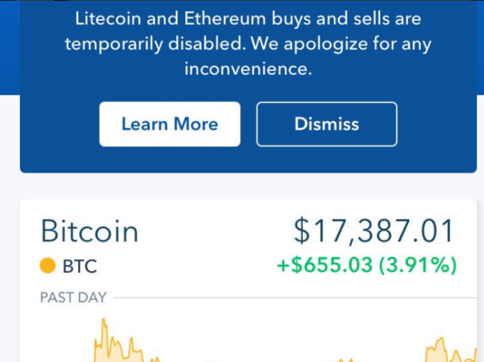 Coinbase halts ether and litecoin trading as cryptocurrency market approaches $500 billion