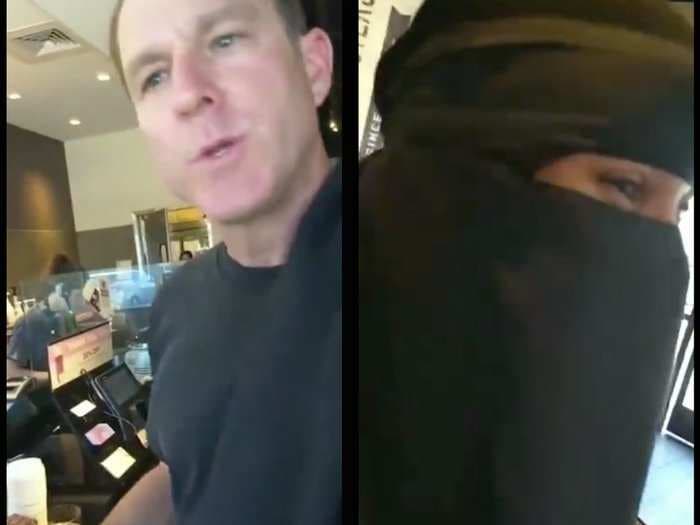 Viral footage shows a man insulting a Muslim woman at a coffee shop before being forced to leave for 'being very racist'