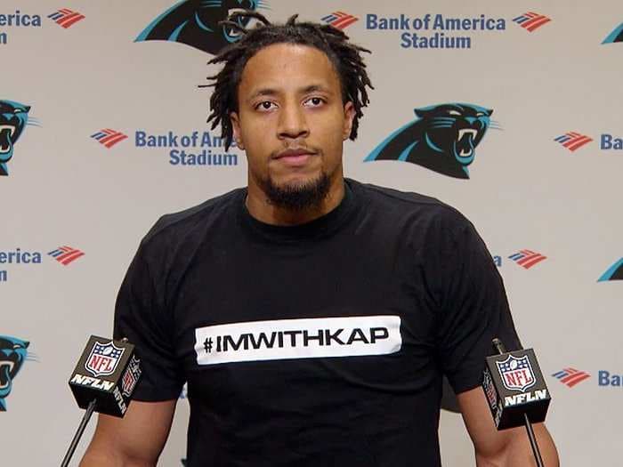 Newly signed Panthers safety who has an ongoing collusion case against the NFL wore a shirt that read 'I'm with Kap' to his first press conference