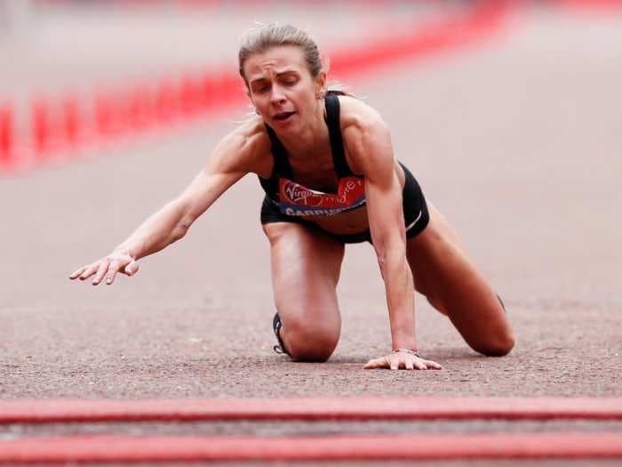Elite runner Hayley Carruthers collapsed inches before the London Marathon finish line and still managed to run a personal best