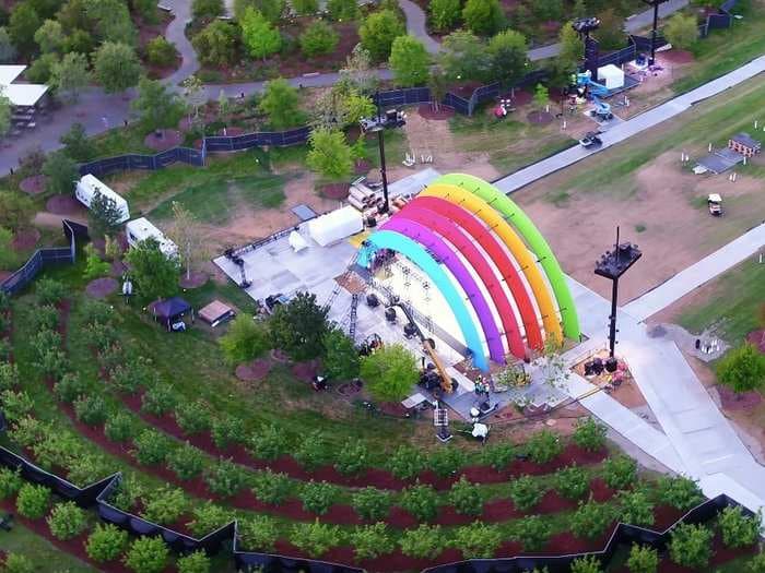 A new drone video filmed over Apple's campus reveals a mysterious rainbow-colored stage - here's our best guess at what it is