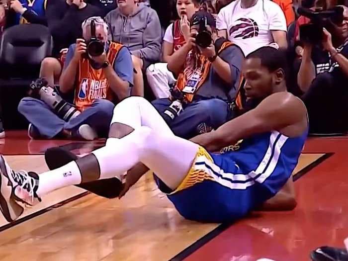 Kevin Durant appeared to re-injure his calf and had to be helped off the floor just 12 minutes into his big Finals return