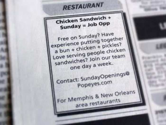 Popeyes is trolling Chick-fil-A by specifically recruiting sandwich makers to work on Sundays