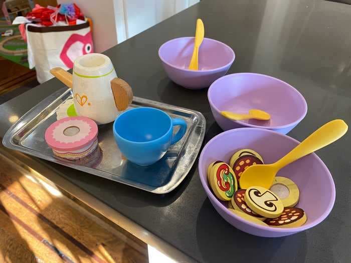 This eco-friendly toy dish set inspires pretend play, and my kids enjoy using it to host imaginary picnics in the living room