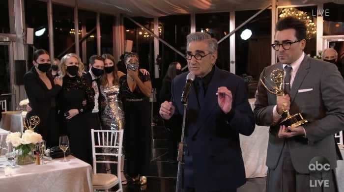 Some of the 'Schitt's Creek' cast and team got together to safely watch the Emmys in a mansion as they swept the awards show