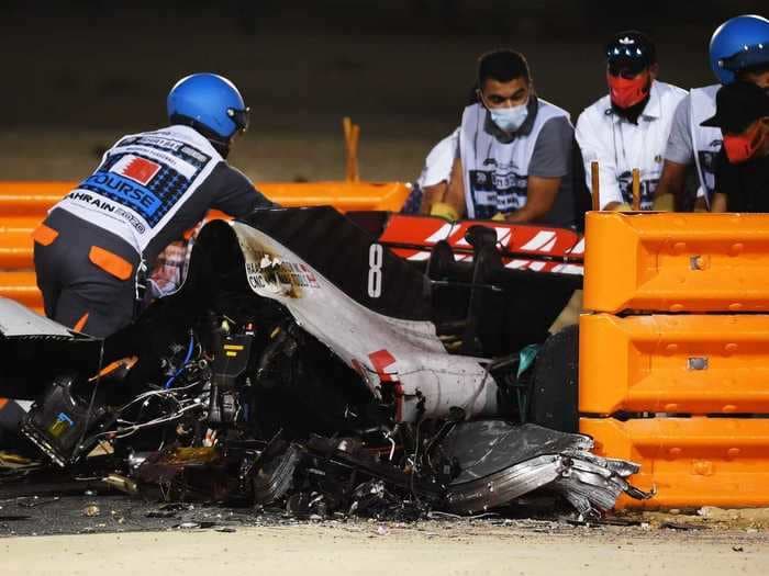 Photos show just how incredible it is that F1 driver Romain Grosjean was able to walk away from the fiery crash that saw his car rip in half