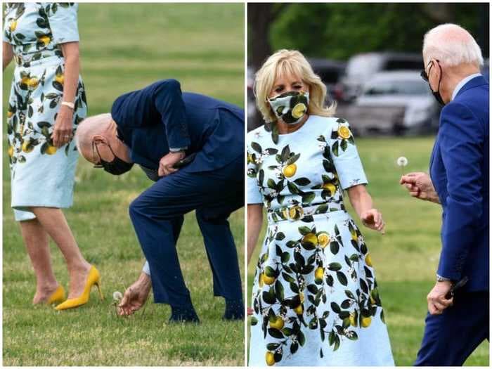 President Joe Biden stopped to pick a dandelion for Jill on the White House lawn as they boarded Marine One