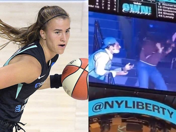 Sabrina Ionescu was in disbelief when a fan wearing her jersey seemingly had his proposal rejected in humiliating fashion during a game