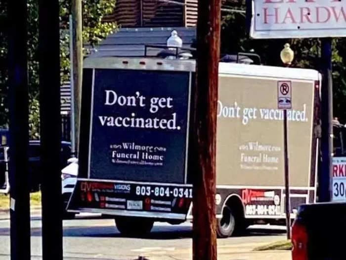 A funeral truck in North Carolina sported the slogan 'don't get vaccinated' in what turned out to be an ad agency's pro-vaccination stunt