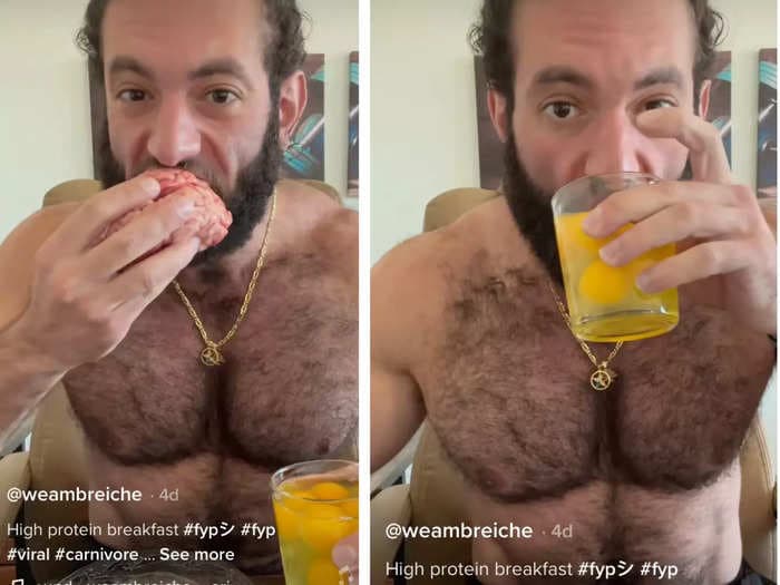 A fitness influencer filmed himself eating 6 uncooked eggs and 'raw beef brain' in a TikTok that's been viewed 10 million times, leaving followers shocked