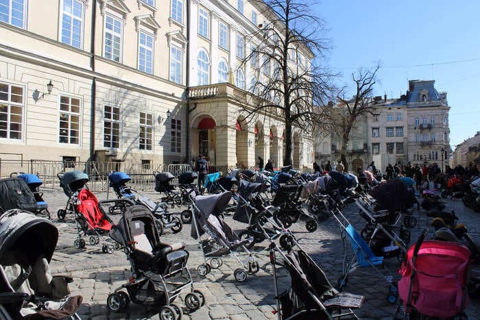 A display of 109 strollers in Lviv memorializes the 109 kids killed since the start of Russia's bombardment