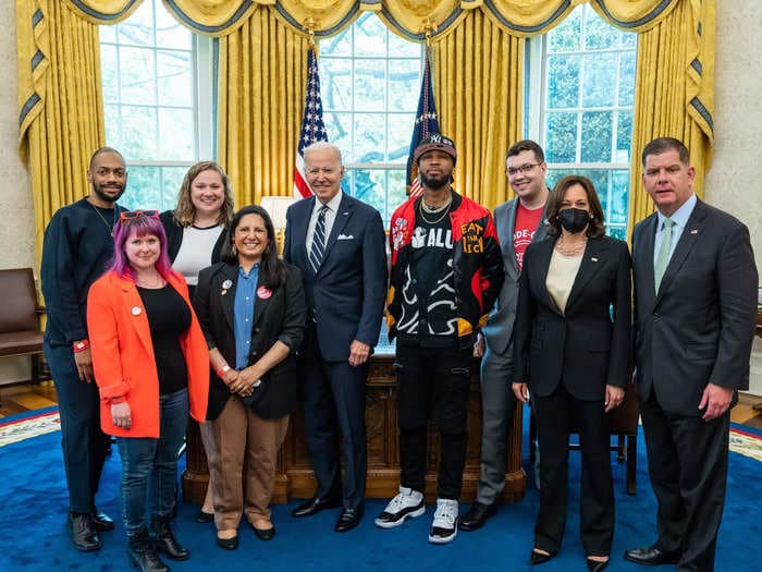 Biden, Harris, and Secretary of Labor Marty Walsh meet with unionizing Amazon and Starbucks workers at the White House: 'These folks are inspiring a movement'