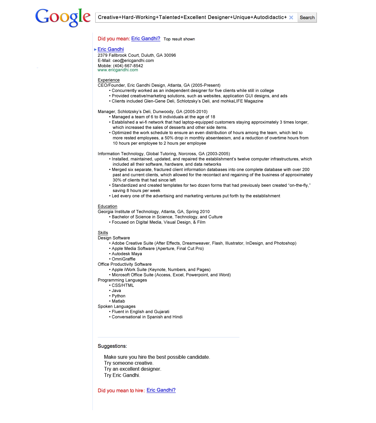 A Google-themed resume got Eric Gandhi an interview with 