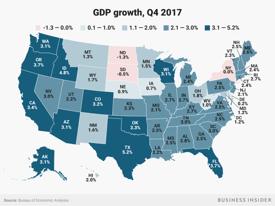 How quickly each US state's economy is growing, in one map Business