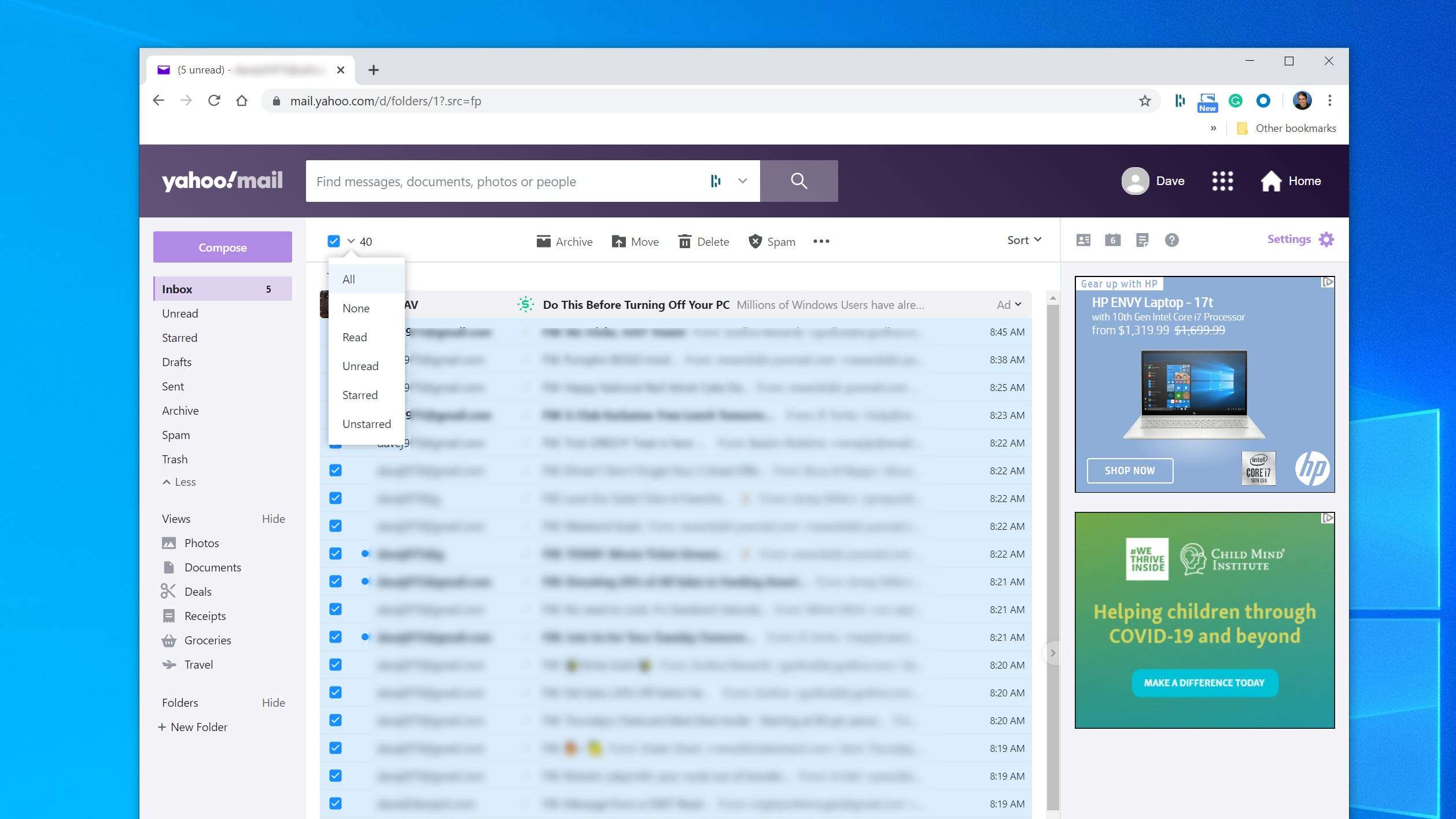 how to completely clear yahoo mail inbox