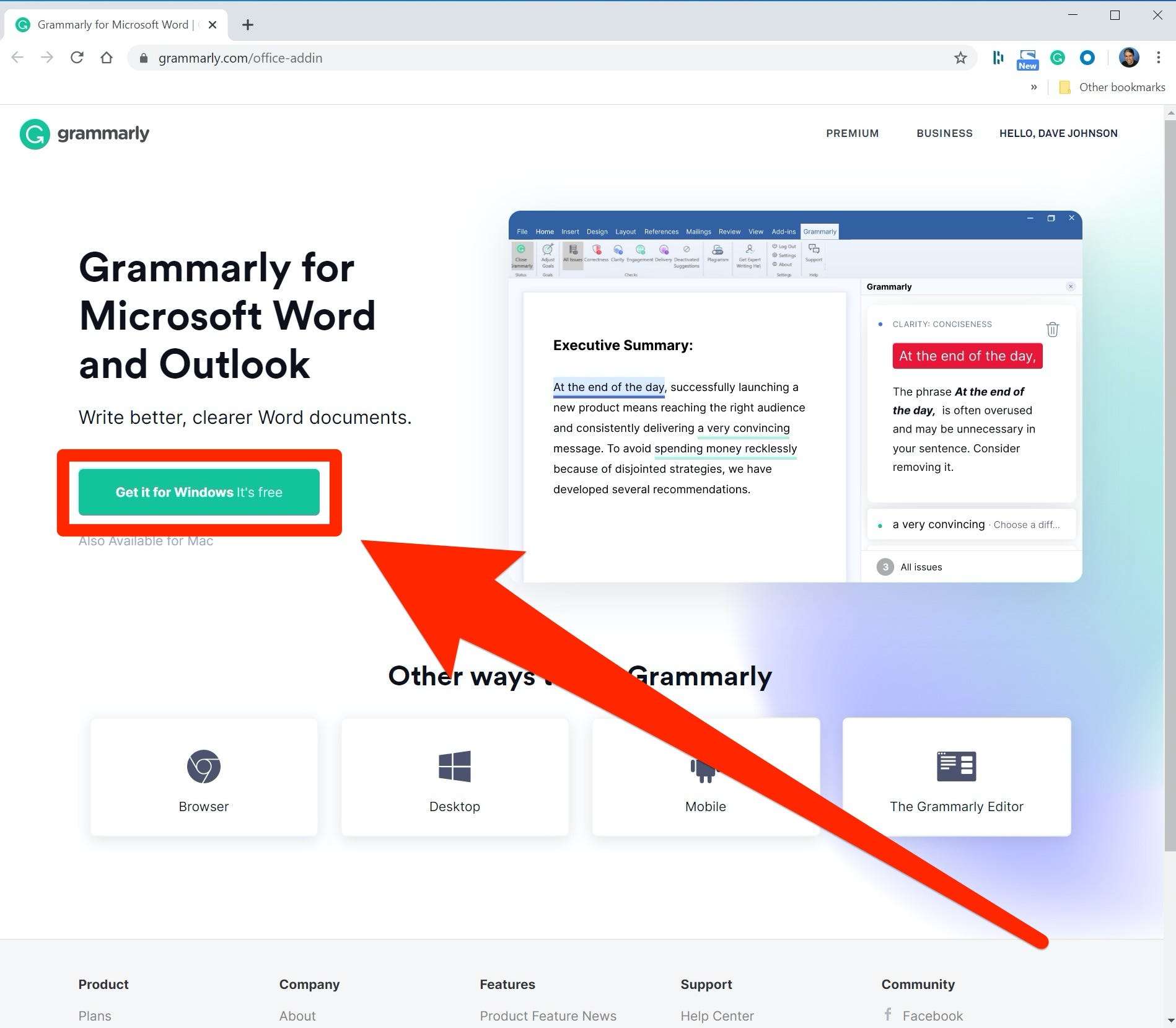 free grammarly for outlook.com