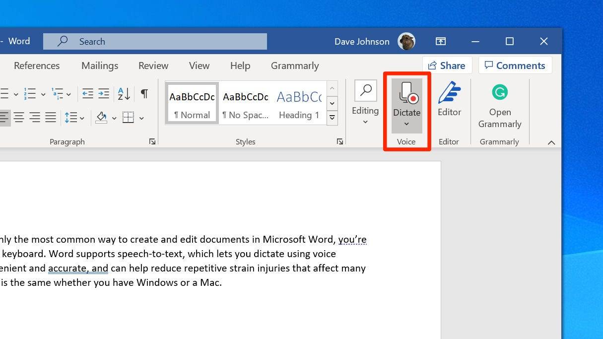 how to type speech to text in word
