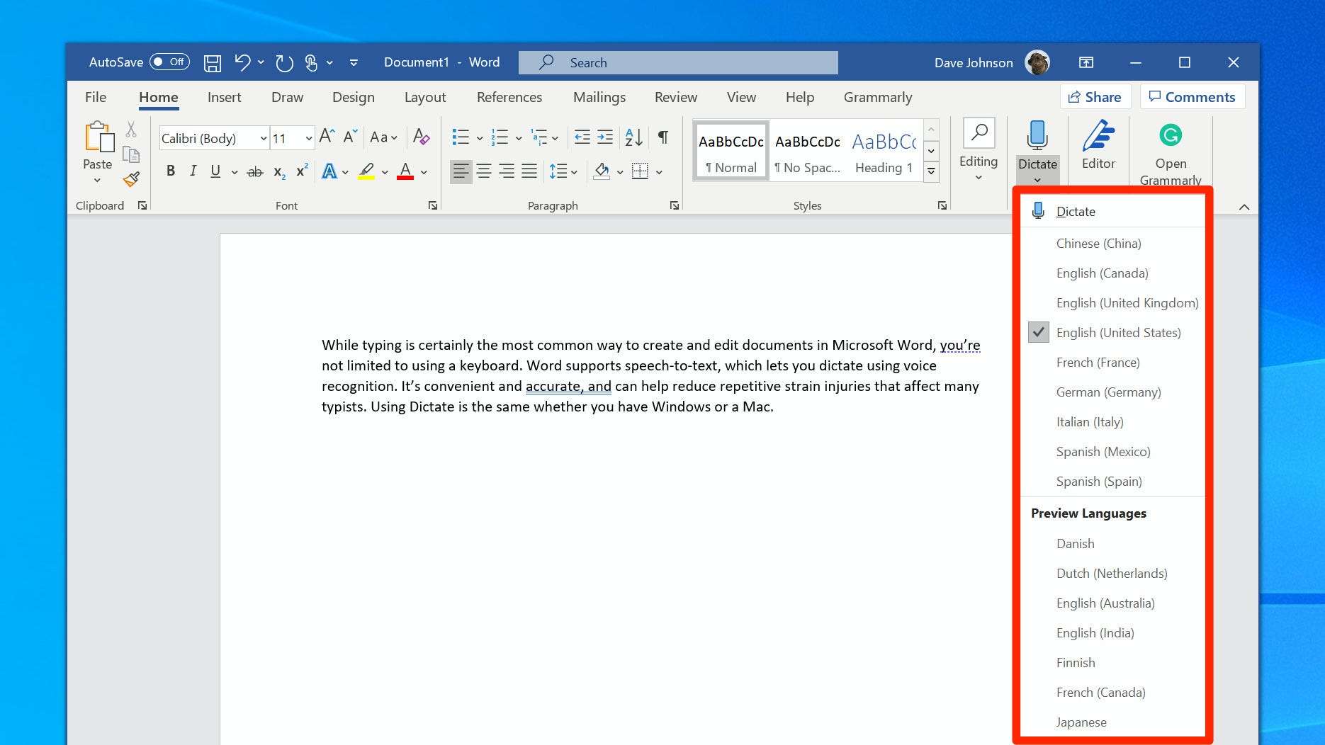 how to make speech to text in word