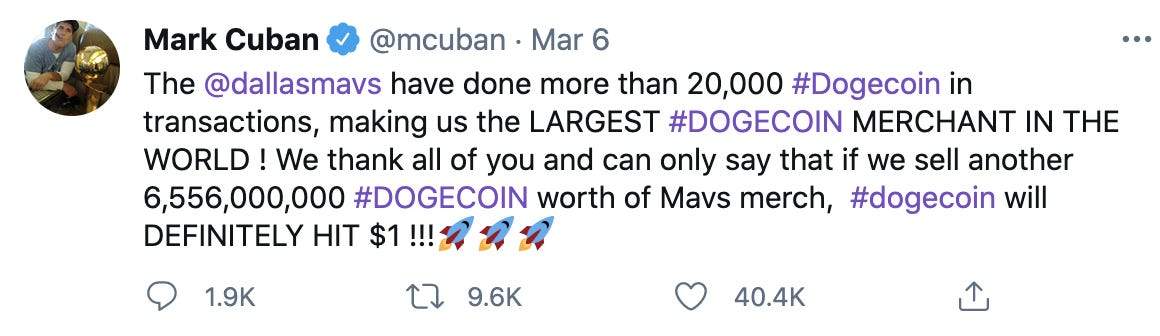 Mark Cuban says the Dallas Mavericks are the largest Dogecoin merchant in the world - and predicts the token's price could eventually hit $1