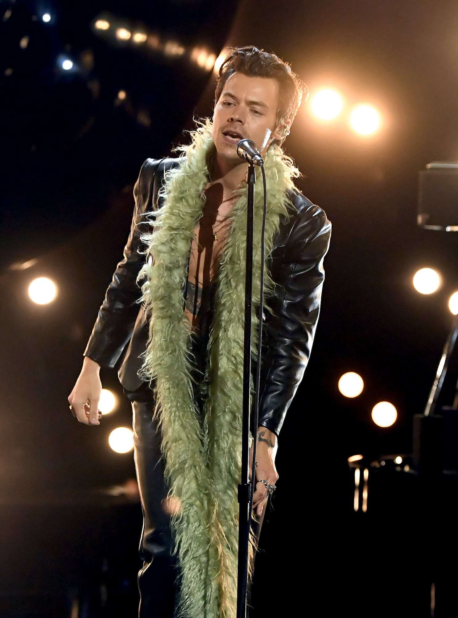 Harry Styles performed at the Grammys in a green feather boa and