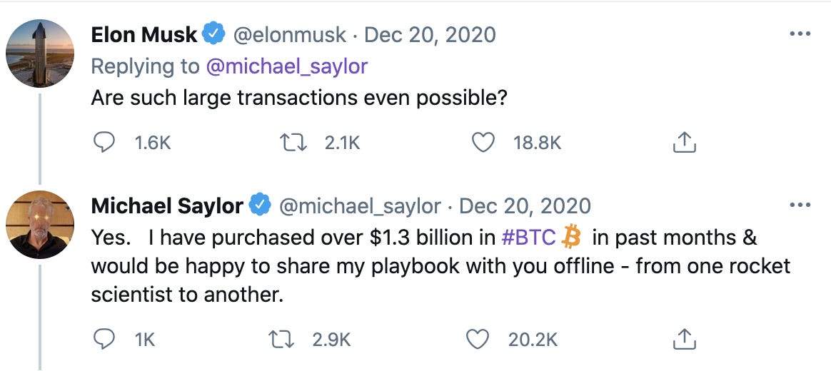 MicroStrategy CEO Michael Saylor says his casual Twitter exchange with Elon Musk in December prompted Tesla to buy bitcoin