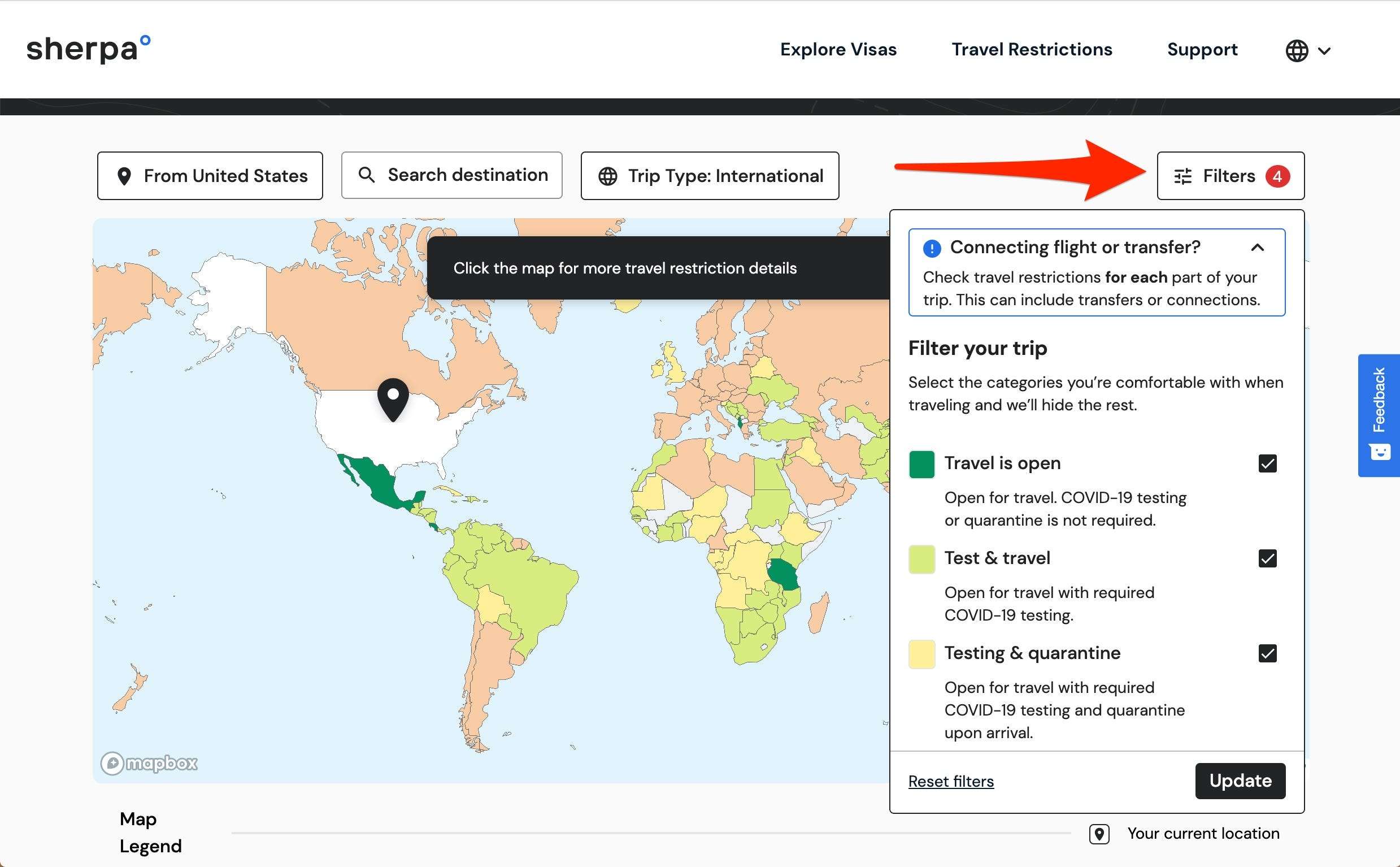 An interactive map shows where you can travel right now depending on your location and vaccination status