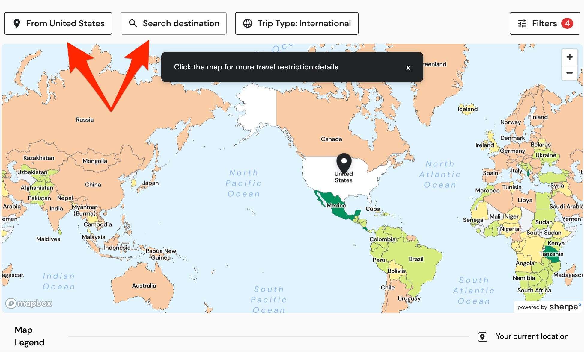 An interactive map shows where you can travel right now depending on your location and vaccination status