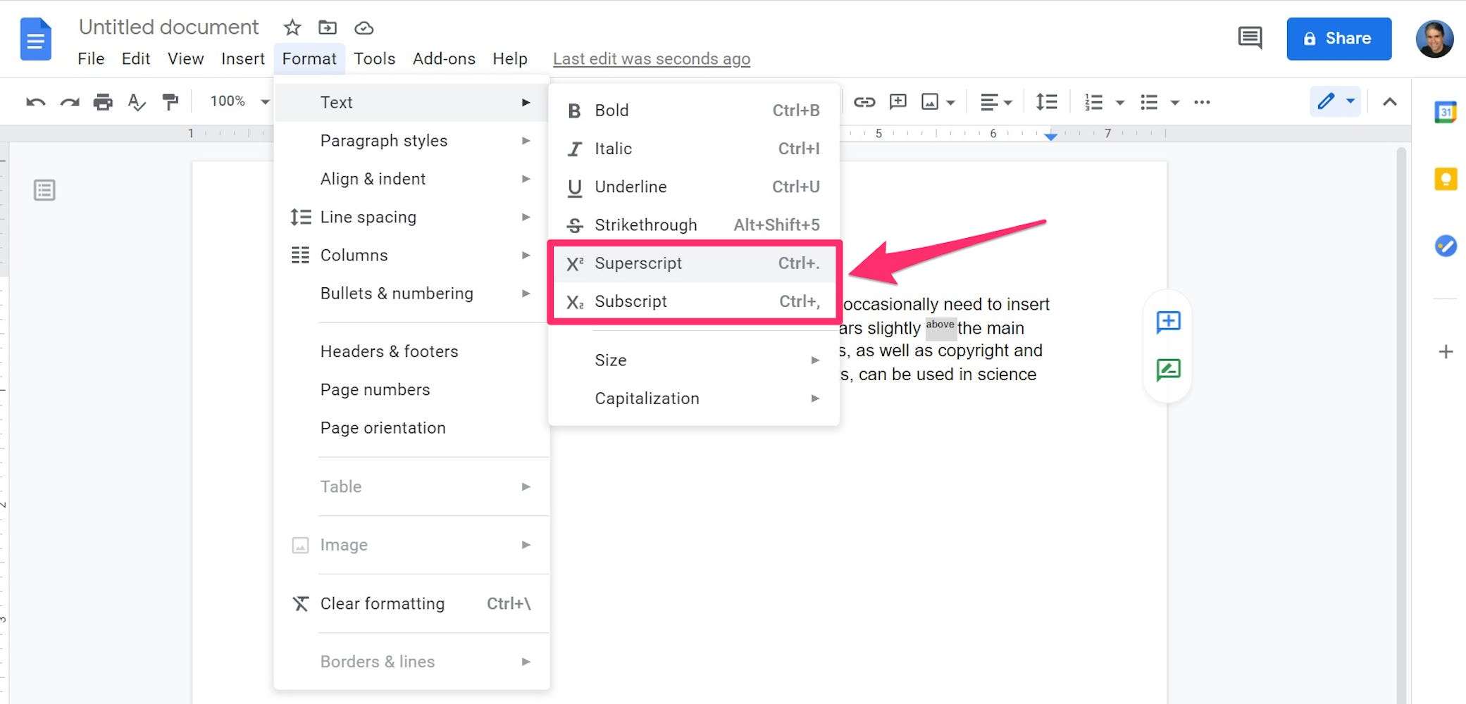 keyboard shortcut for subscript mac on google docs