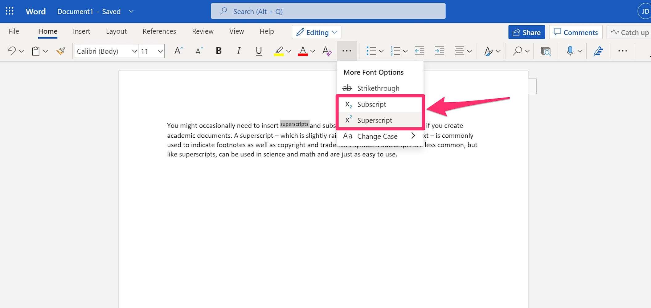 How to add a superscript or subscript in Microsoft Word when you