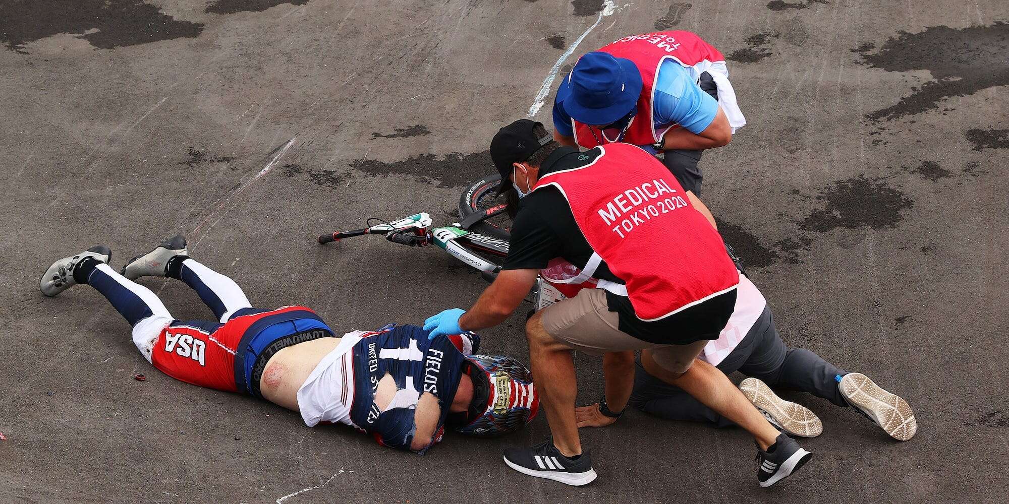 US Olympic BMX rider taken off in a stretcher after a scary crash 9 seconds into a race