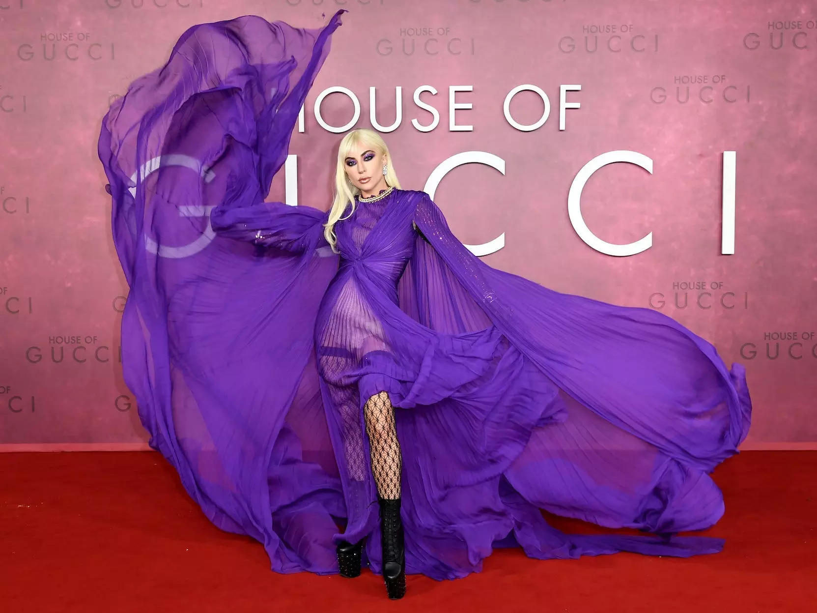 Lady Gaga wore a sheer, purple dress with a daring slit and statement ...