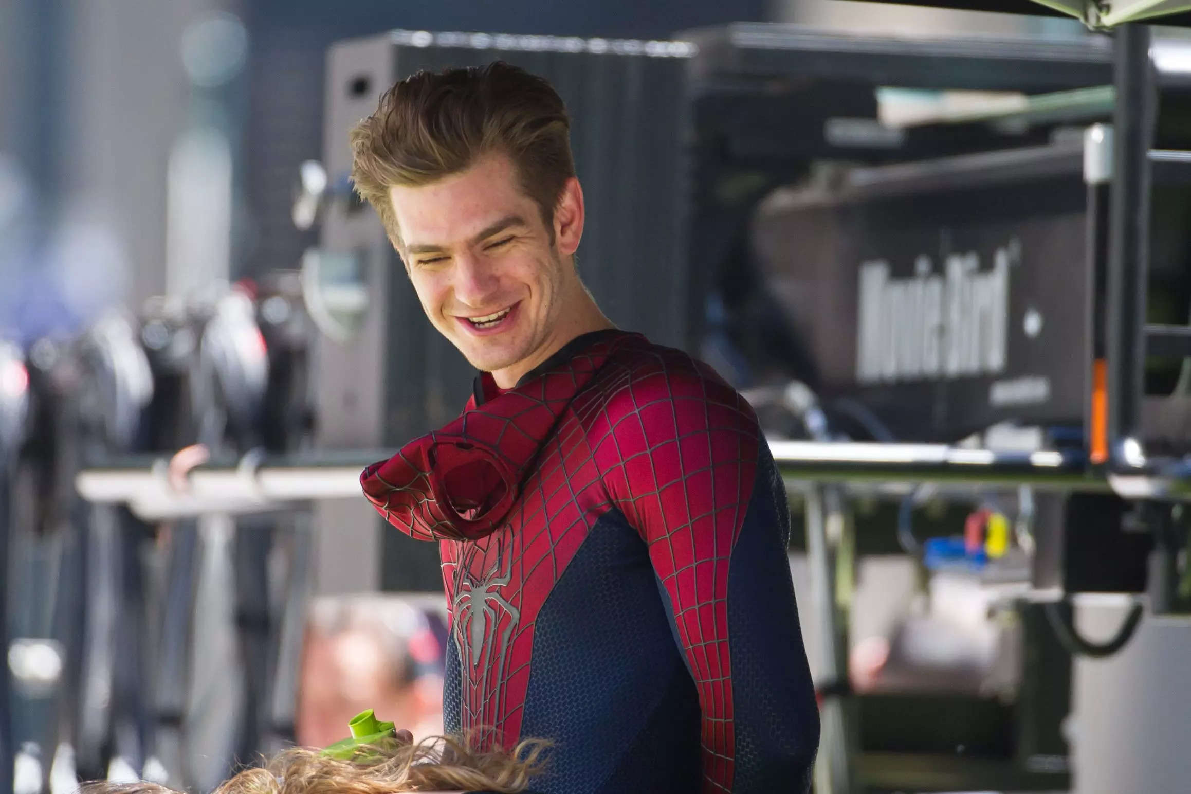 Andrew Garfield on the set of "The Amazing Spider-Man 2" in 2013....