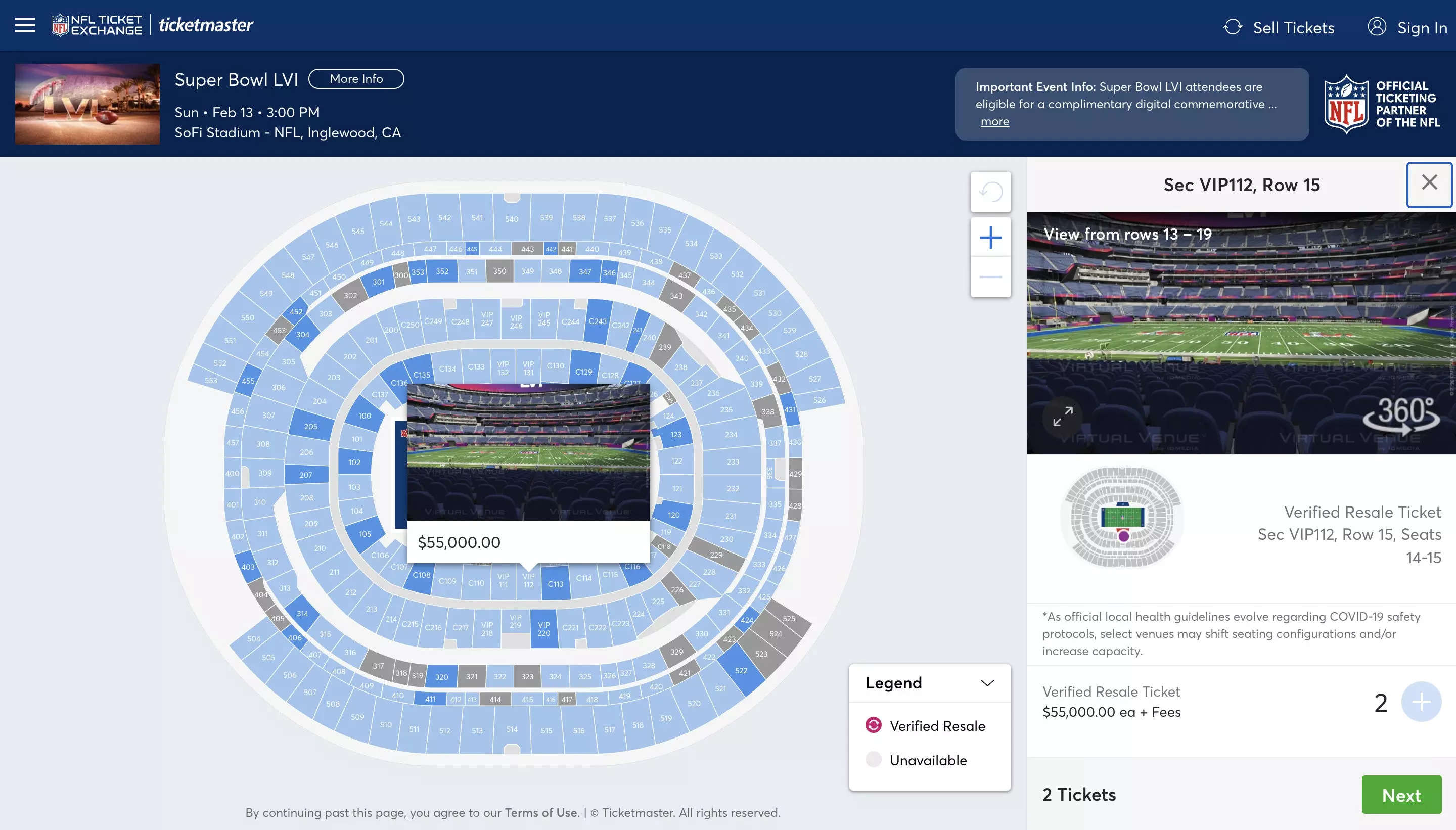 Super Bowl tickets are currently selling for as much as $55,000 on  Ticketmaster