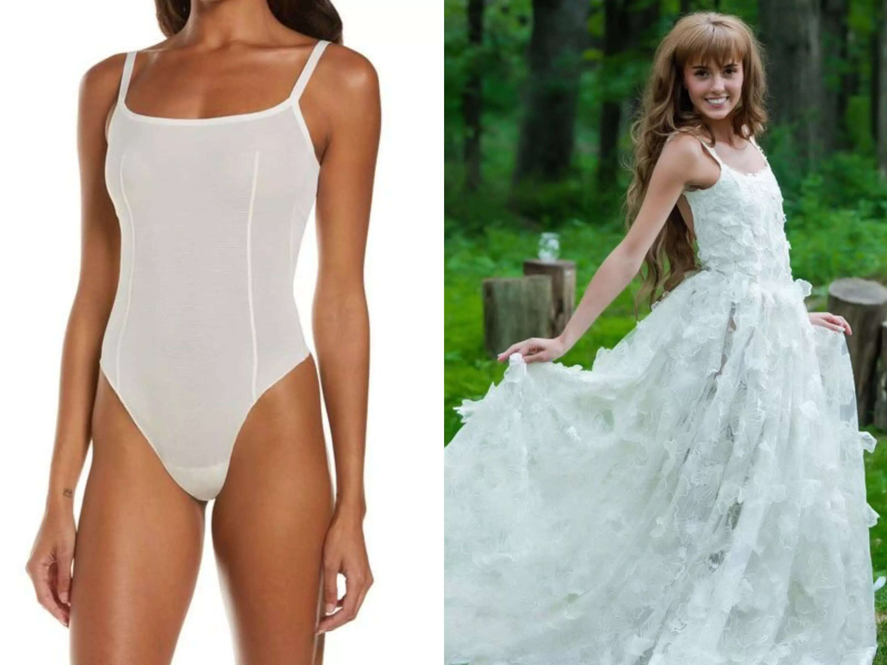A bride re-created a $7,000 wedding dress using a $68 SKIMS bodysuit and  sheer fabric