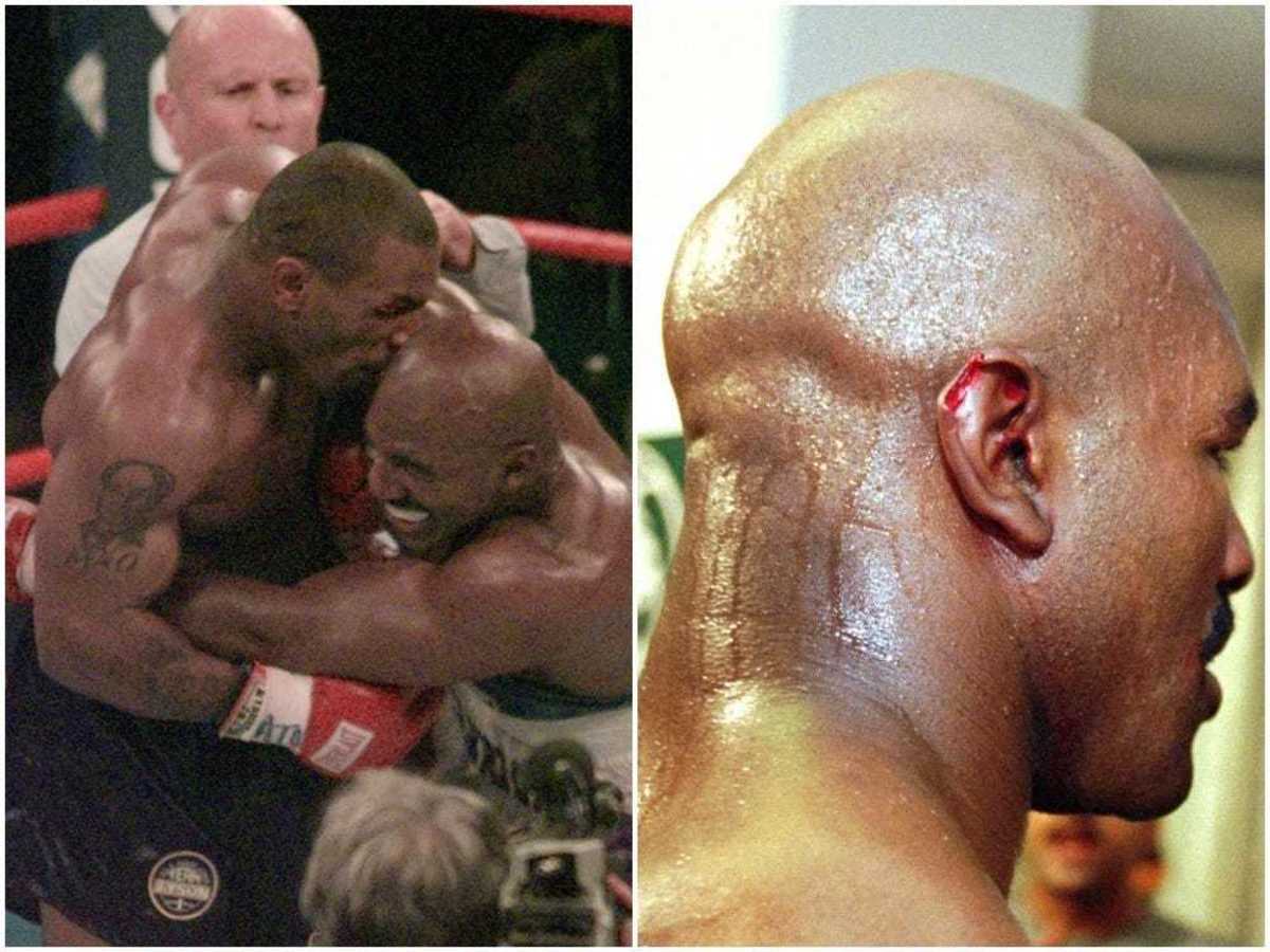 On this day 23 years ago Evander Holyfield defeated Mike Tyson via DQ in  their rematch after Tyson bit Holyfield's ear! Known as bite fight! -  iFunny Brazil