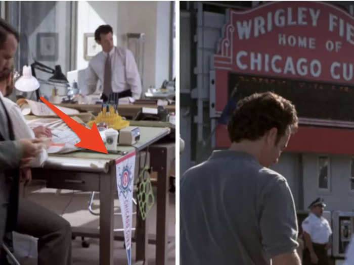 A Chicago Cubs pendant is shown on screen before the memory of Sam and his family going to a Cubs game.