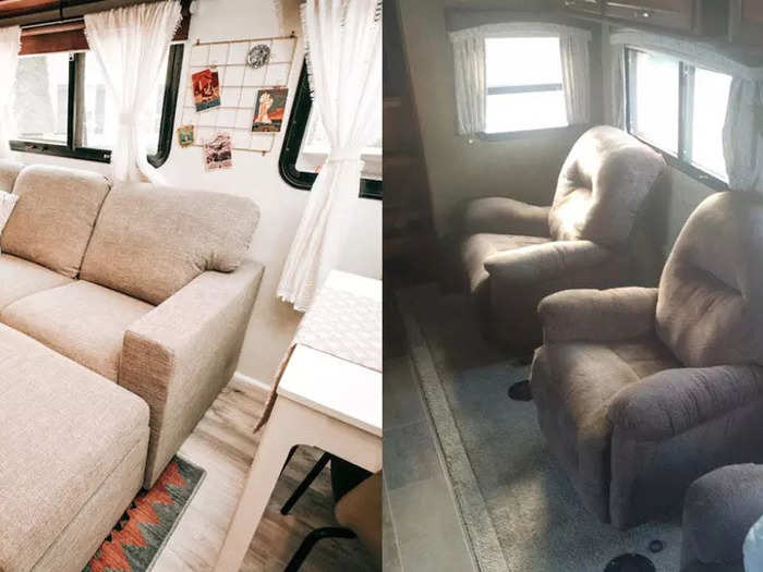 In the RV's front room, we installed vinyl-plank flooring and replaced the dated furniture with a stylish couch.