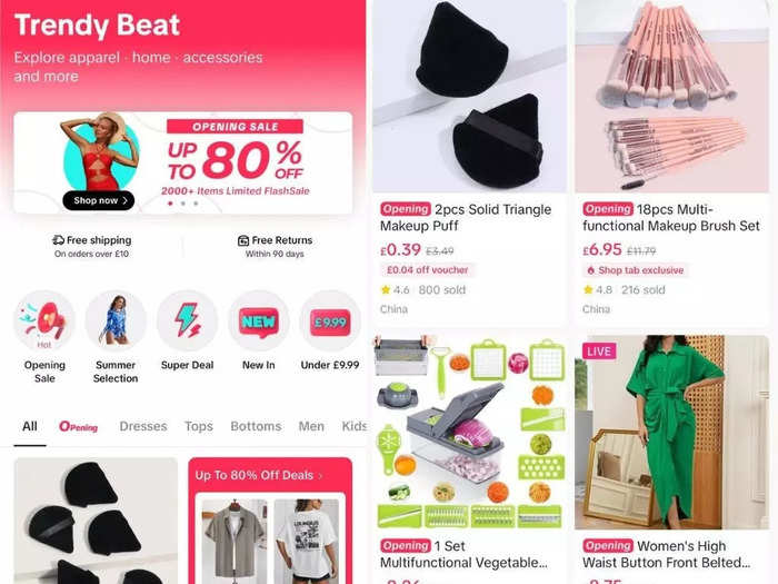 The shopping tab looks similar to Chinese e-commerce websites like Temu or Shein, with discount coupons and offers at the top, flash sales, and a lot of clutter.