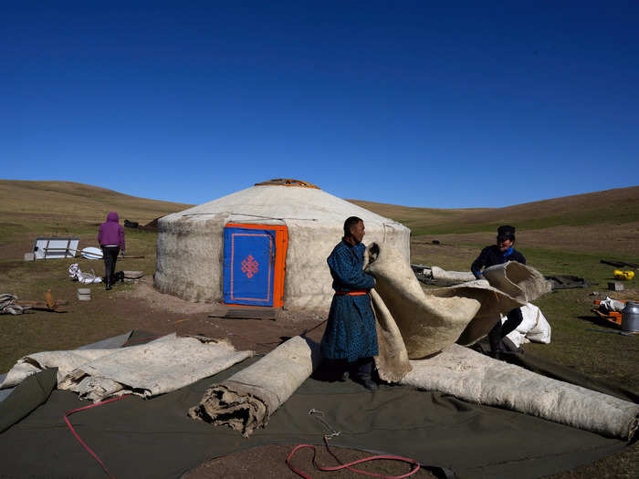 Herders in Mongolia are nomadic, moving from place to place in search of the best lands for their animals. 