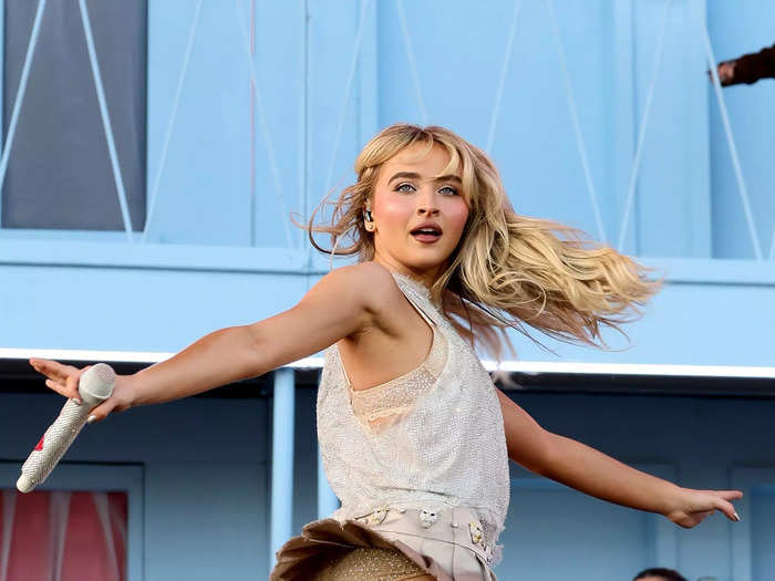 Sabrina Carpenter performed in a miniskirt and sheer top. 